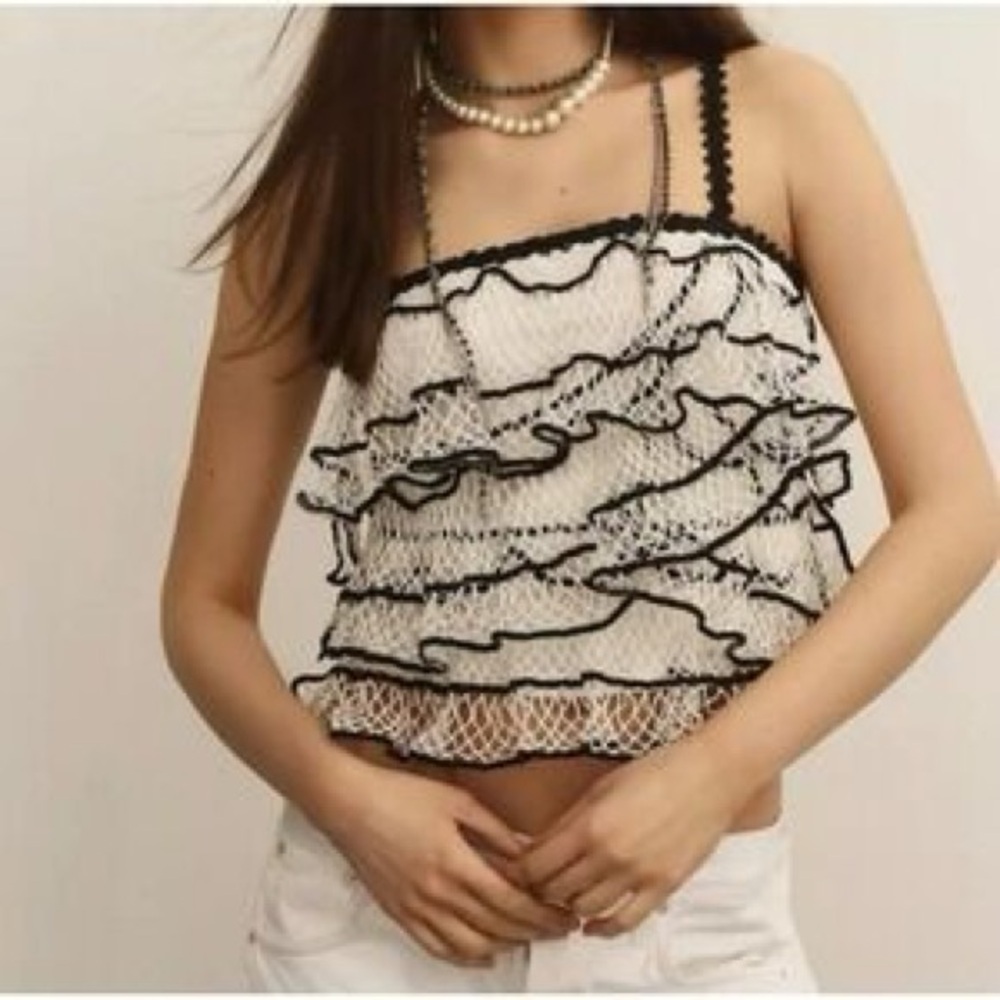By Anthropologie Lacey Embroidered Doily Ruffled Boho Retro Tank Top S